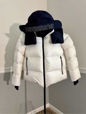 Burberry White Puffer Jacket with Navy Hood and Logo